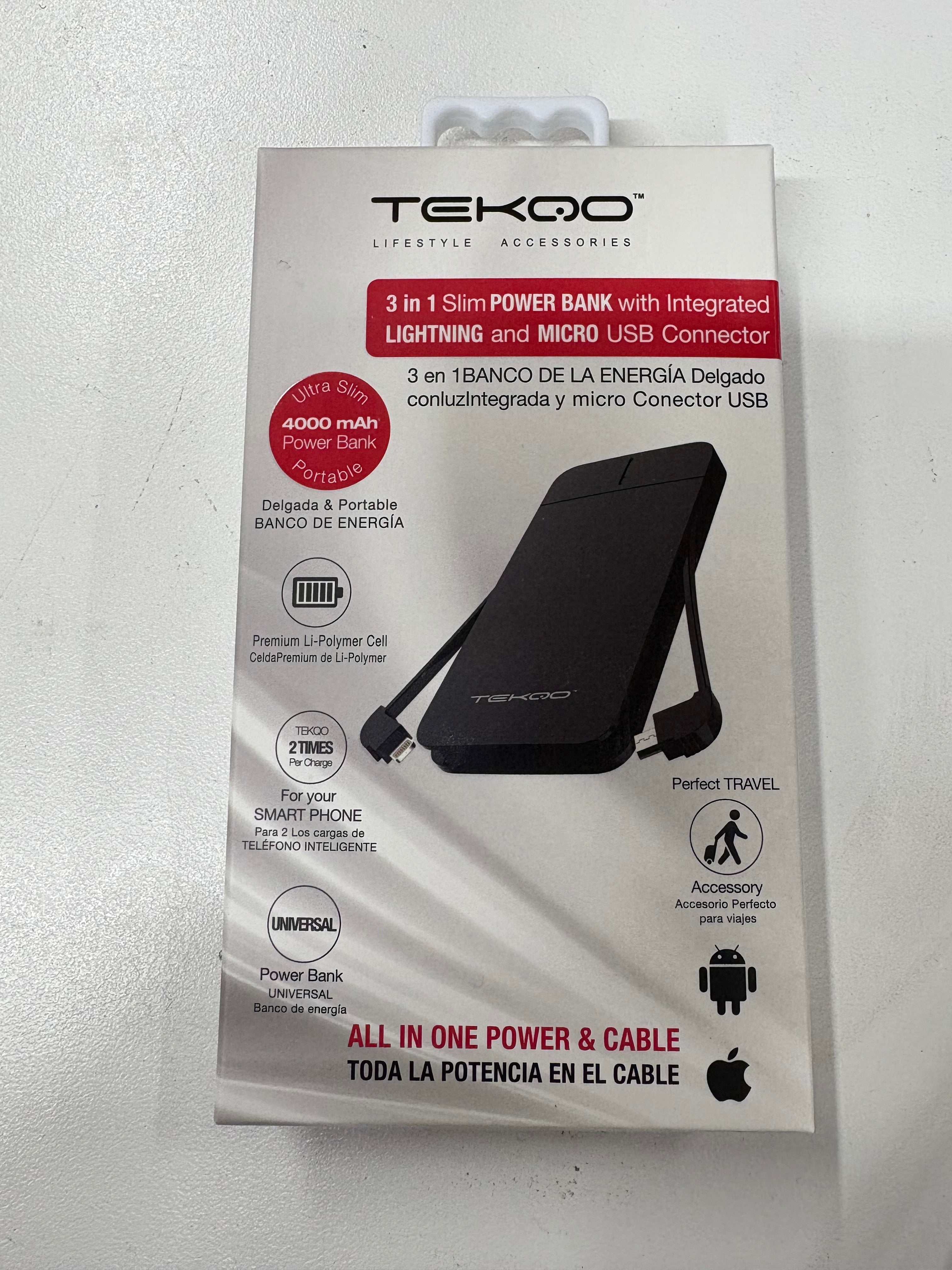 TEQKO 3 in 1 Slim Power Bank with Integrated Lightning and Micro USB Connector 4000Mah TEQKO 3 in 1 Slim Power Bank with Integrated Lightning and Micro USB Connector 4000Mah